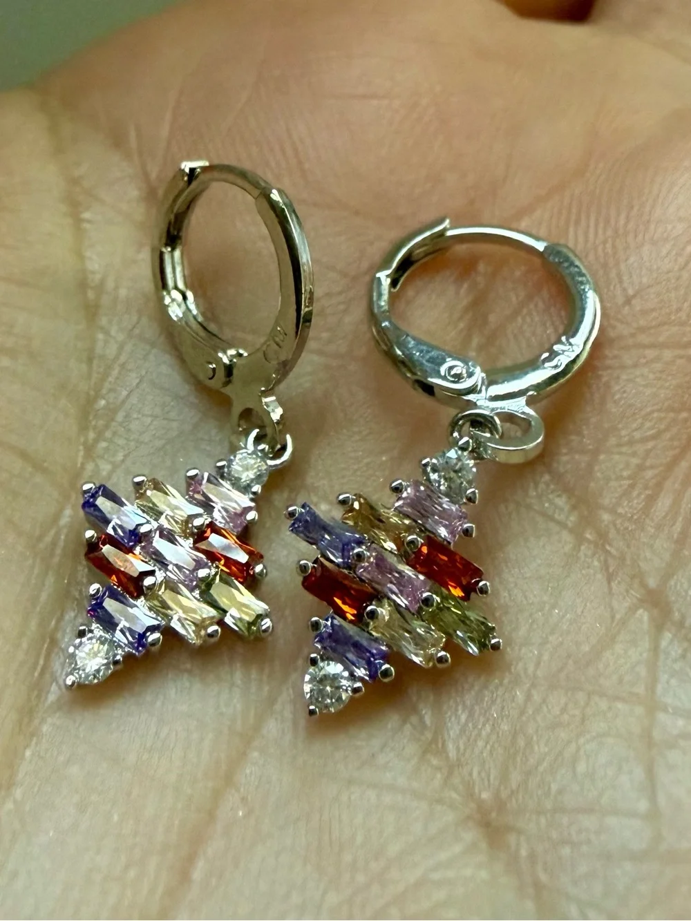 NEW! 14k White Gold Plated with Multicolored Crystal Drop Hoop Earrings